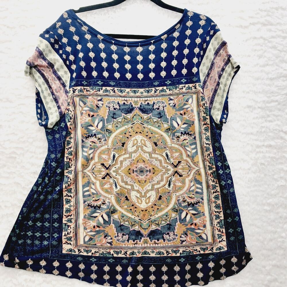 T-Shirt Navy Mandala Boho Whimsycore Festival Y2K Resortwear Artsy Travel Sz 1X - Picture 2 of 8